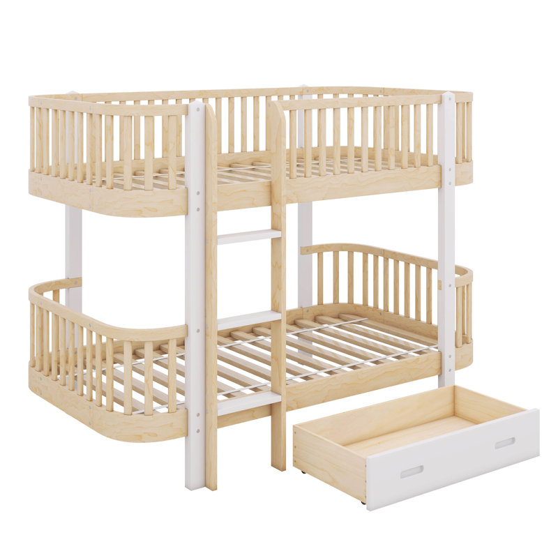 Lit superposé simple au-dessus de simple avec barrière de sécurité et grand tiroir Javiel, Naturel / blanc