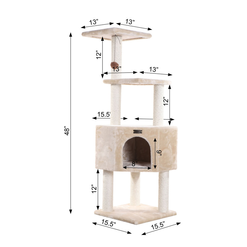 48'' Beige Faux Fur and Sisal Cat Tree Tower