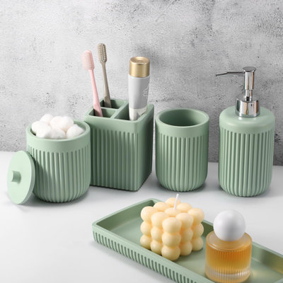 Ensemble d'accessoires de salle de bain en résine 5 pièces, distributeur de savon à lotion, porte-brosse à dents, gobelet de salle de bain, support de coton-tige et plateau de coiffeuse, ensemble de rangement de comptoir de salle de bain pour appartem