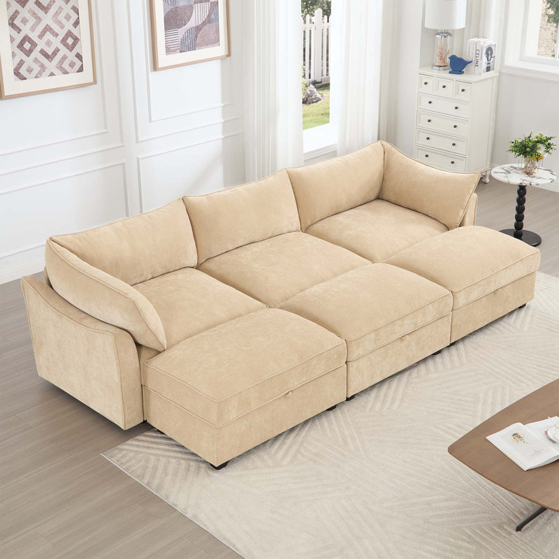 Canapé-lit modulaire large et profond à 3 places avec tiroir de rangement sous chaque siège et 3 repose-pieds de rangement mobiles