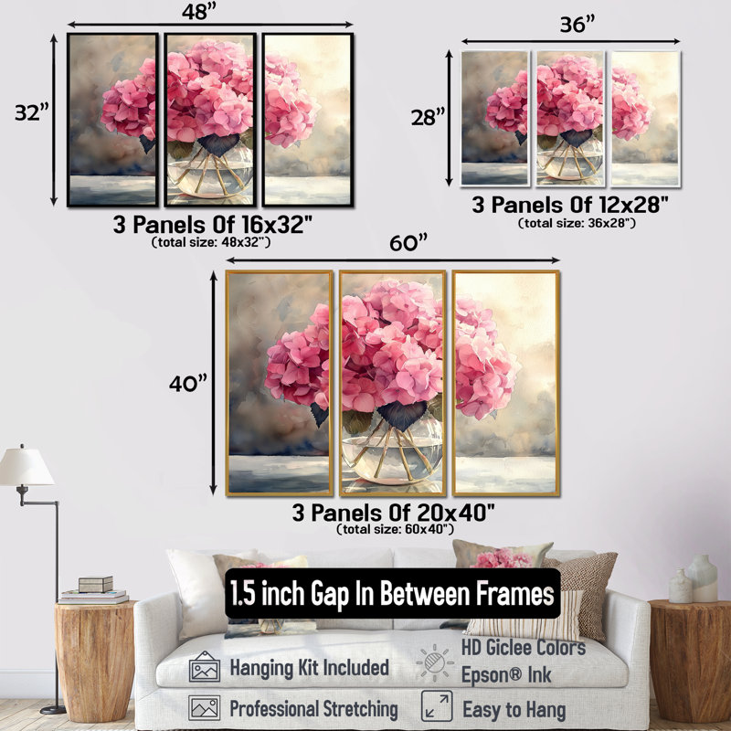 Hortensias dans un vase en verre II - art mural hydrangées - 3 panneaux, H 28 po x l 36 po, Noir
