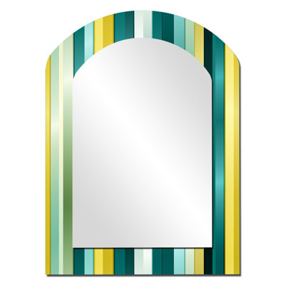 Harmonie rayée verte et jaune - miroir décoratif arqué rayé, miroir mural asymétrique moderne, impression d'art en métal
