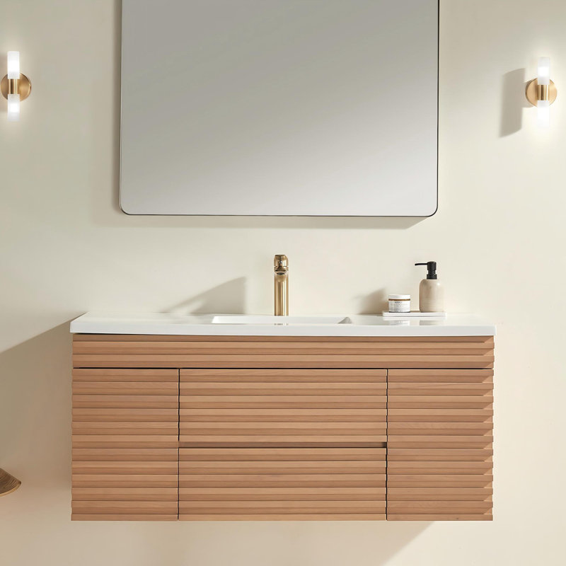 48" Wall-Mounted Floating Vanity With Ceramic Sink, Soft-Close Drawers & Generous Storage – Pre-Assembled, Solid Wood Handle