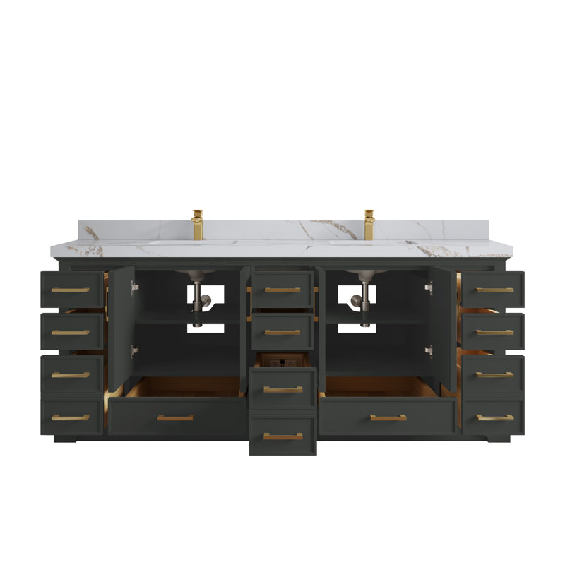 Meuble-lavabo double avec plateau Charlotte 84, Or Calacatta