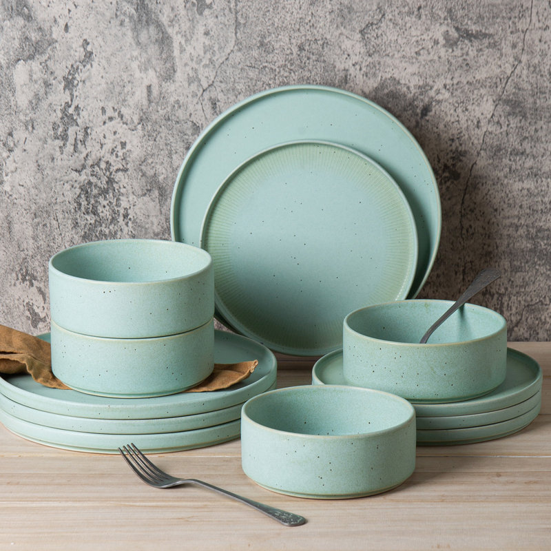 Alofmo Antique Vein 12 Piece Stoneware Dinnerware Set, Service For 4, Green