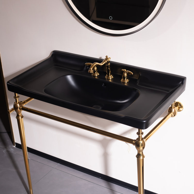 Kynnadee 36" Bathroom Console Sink, Wall-mounted Black Ceramic Vanity Basin With 3 Pre-drilled Faucet Holes, Freestanding Stainless Steel Support Legs With Towel Bar, No Faucet