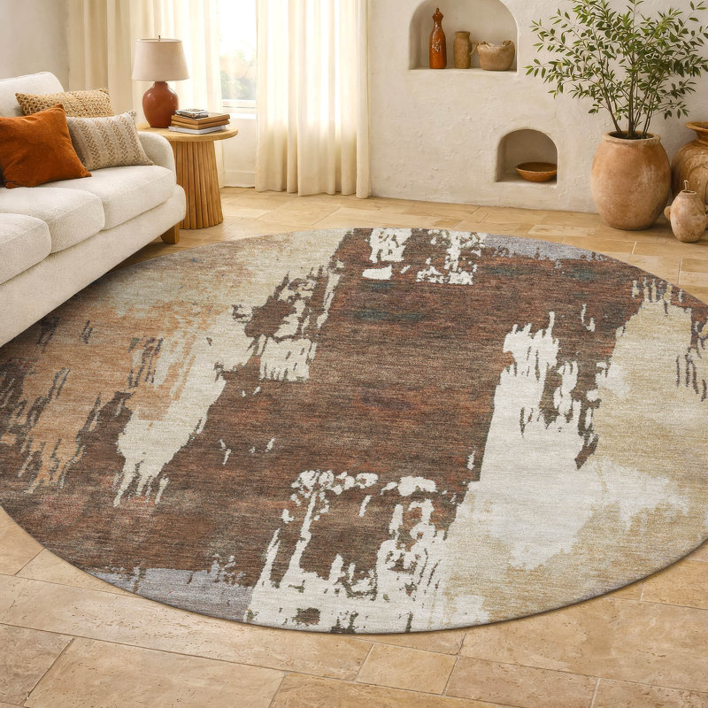 Premium Machine Washable Mayfield AMF2347 Abstract Rug, Cayenne, 8' Round