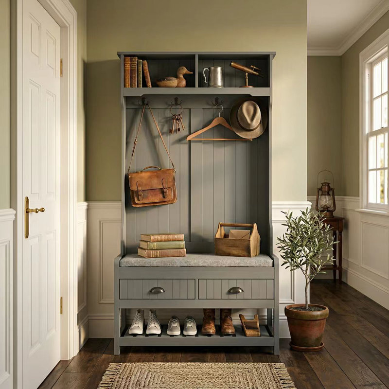Castora 34.3'' Wide Hall Tree with Bench and Shoe Storage, Dark Gray