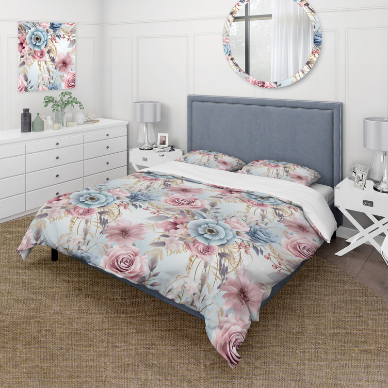 Pink And Blue Dreamcatchers Boho Pattern I Floral Duvet Cover, King Duvet Cover + 2 King Shams