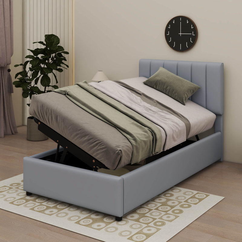 Lit simple avec rangement latéral relevable et structure hydraulique recouverte de lin, Gris