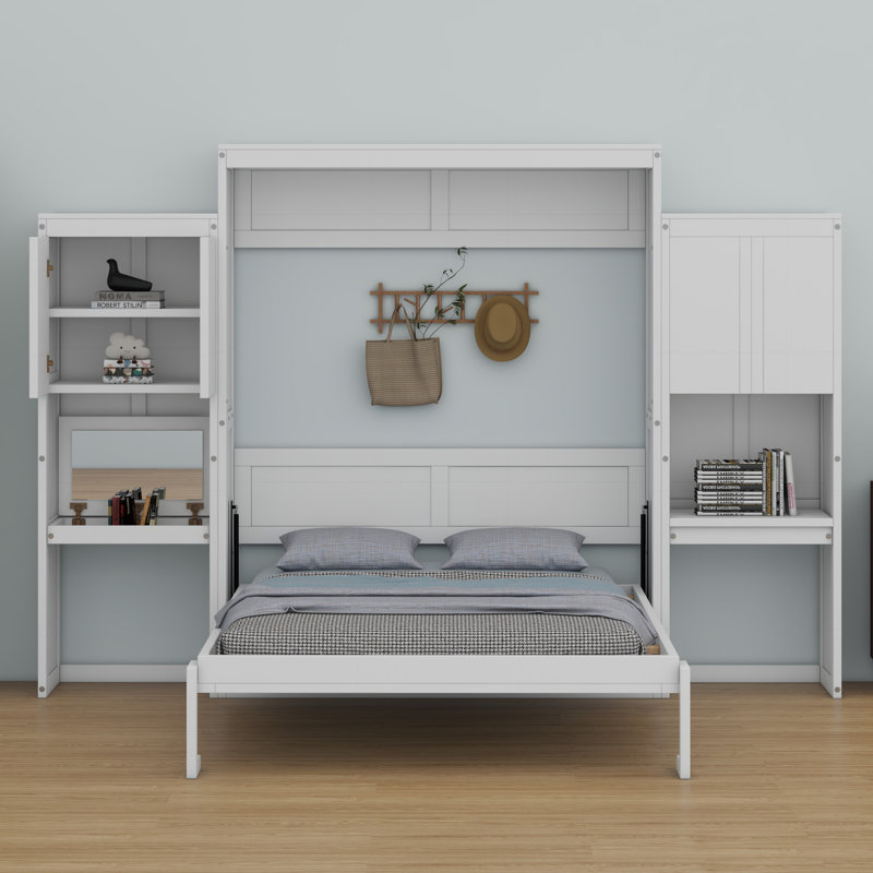 Lit escamotable avec bureau, coiffeuse et armoires Murphy, blanc