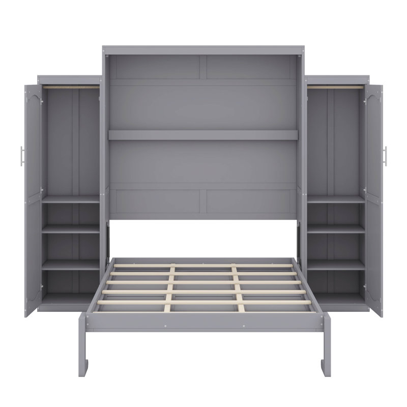 Lit escamotable avec 2 garde-robes et tablette de rangement, Gris, Grand lit