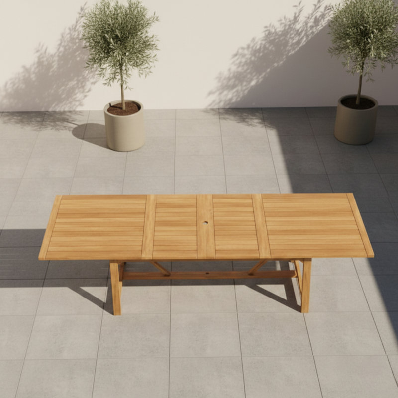 Wayland 13-Piece Outdoor Rectangular Extendable Dining Table And Chairs Set | Teak Finish & Aluminum | Ideal For Patio, Light Brown Table