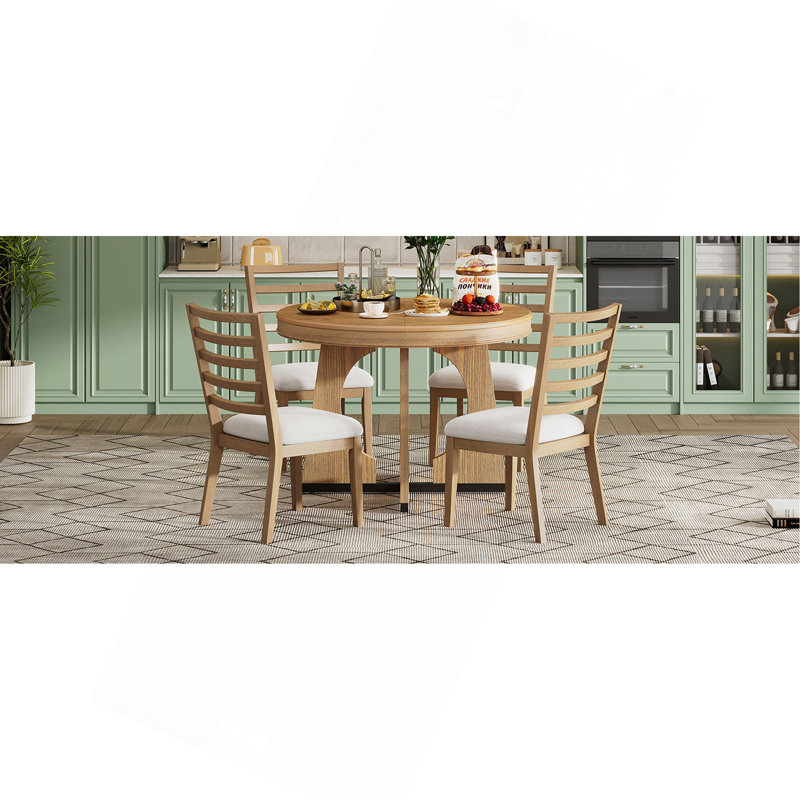 TREXM Round Dining Table for 4 with Chairs Set, Extendable Dining Table Set with 16" Removable Middle Leaf, 5 Piece Retro Dining Table Set Unique Geometric Design for Kitchen, Dining Room