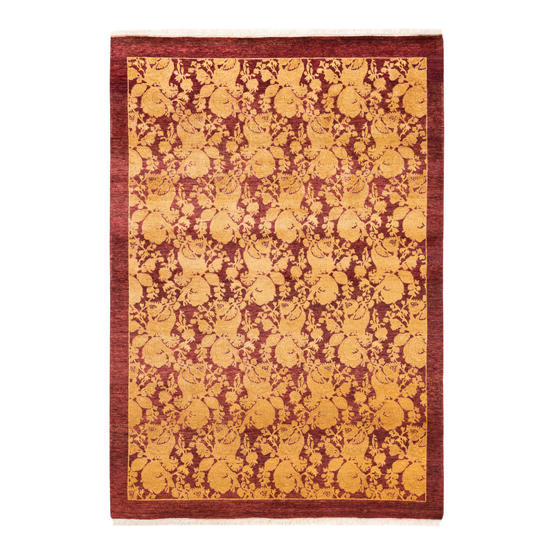 Hand-Knotted Red Wool Abstract Rectangular Area Rug