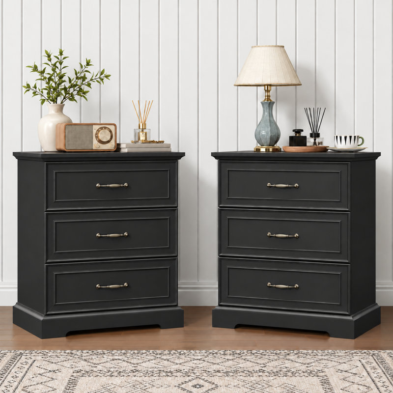 Ensemble de table de chevet à 3 tiroirs de 23,6 po avec 2 poignées en métal pour chambre à coucher, Black