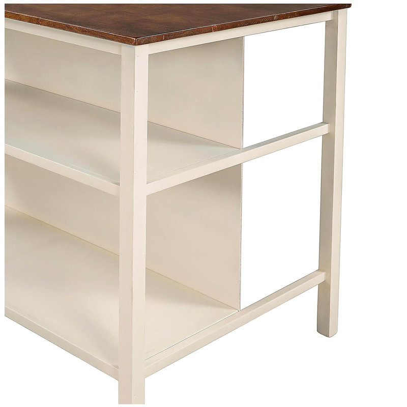 Îlot de cuisine fixe de 45 pouces en bois massif de style champêtre, îlot de préparation pour table à manger en bois d'hévéa avec 2 tablettes ouvertes, en noyer et blanc crème