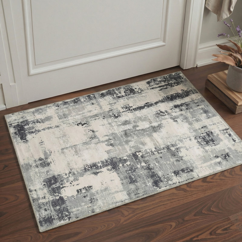 Mignone Aura Abstract Machine Washable Beige / Black / Grey Indoor Area Rug with Non-Slip Backing, Round 5'