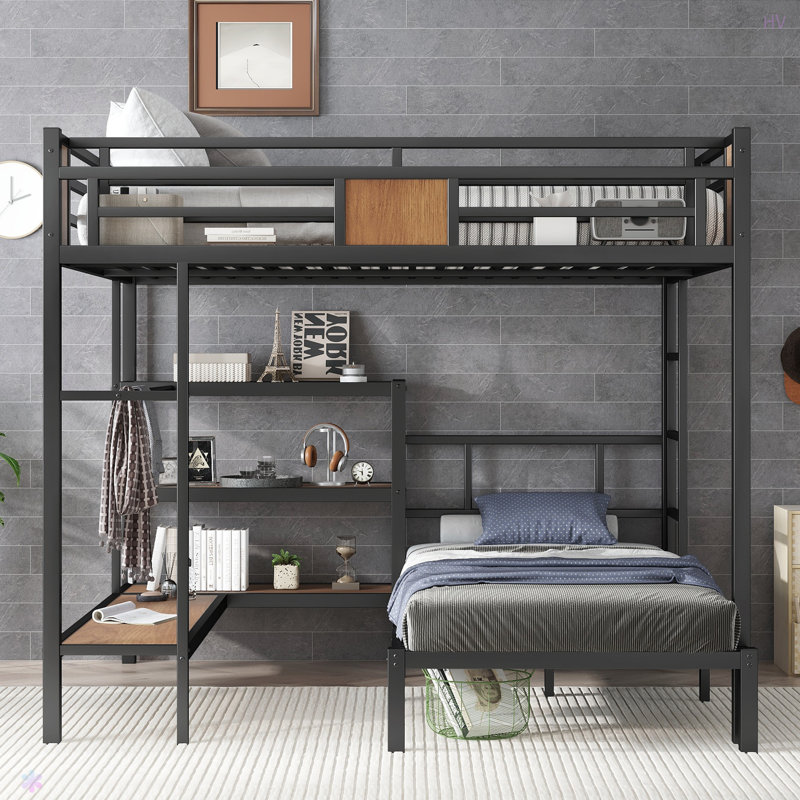 Grand lit superposé simple avec espace de rangement sur le lit supérieur, lit inférieur avec cintres et tablettes, peu encombrant / réduit le bruit