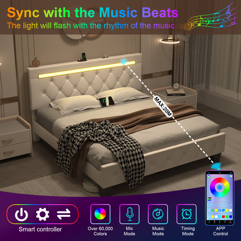 Diamond Button Design Bed Frame with Height-Adjustable Headboard, Charging Station, RGB LED Lights, Easy to Assemble, White