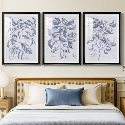 Bleu marine et lin botanique I - reproduction sur mesure encadrée de qualité supérieure - 3 pièces