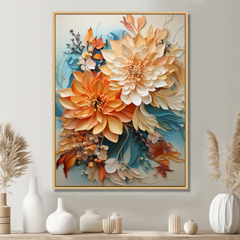 Orange et bleu sarcelle, tourbillon botanique I - art botanique abstrait, H 44 po x l 34 po, Reproduction avec cadre flottant