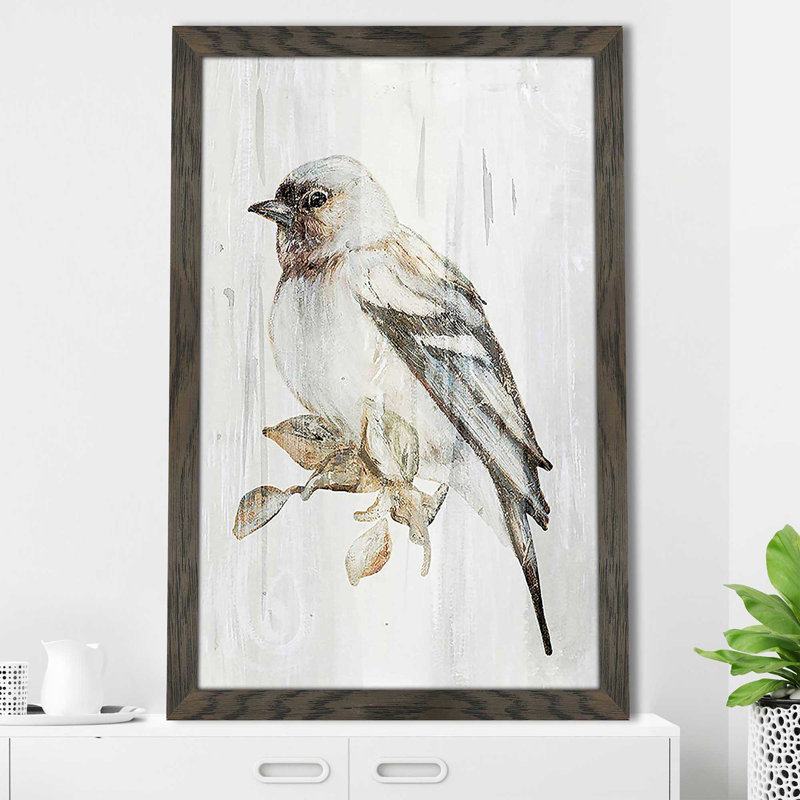 «Eco Bird on Wood I» par Patricia Pinto - Peinture, H 49,5 po x l 33,5 po x P 1 po, Cadre chocolat patiné
