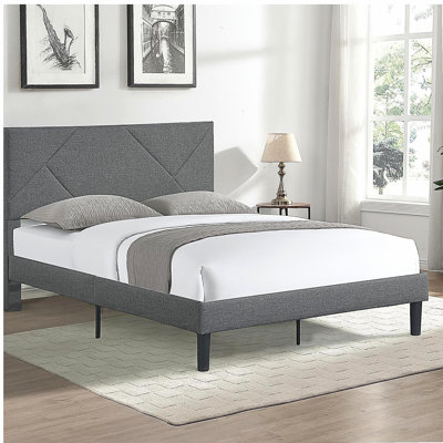 Grande base de lit plateforme avec tête de lit, poutres de soutien en bois massif, base de matelas, pas besoin de coffre, facile à assembler, gris