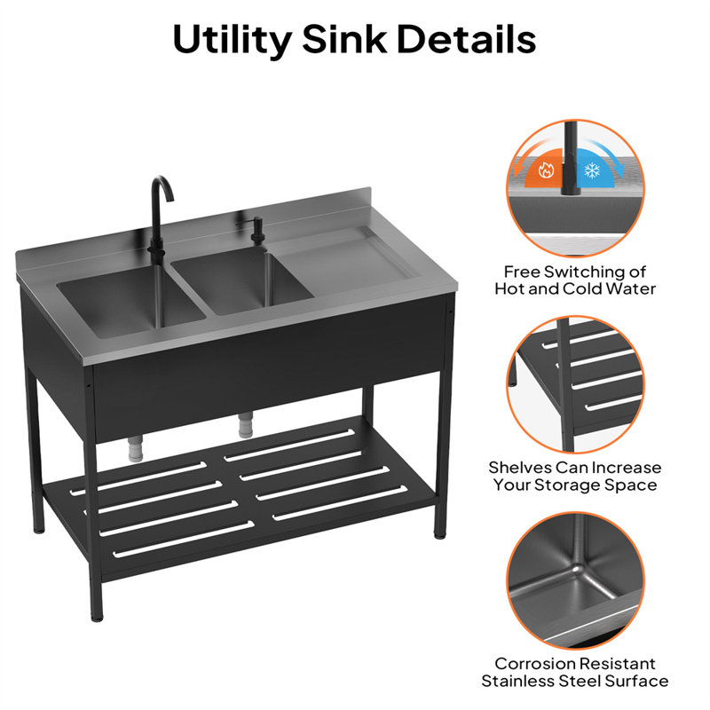47.5 In.Heavy-Duty Freestanding Stainless Steel Double Bowl Utility Sink With Faucet