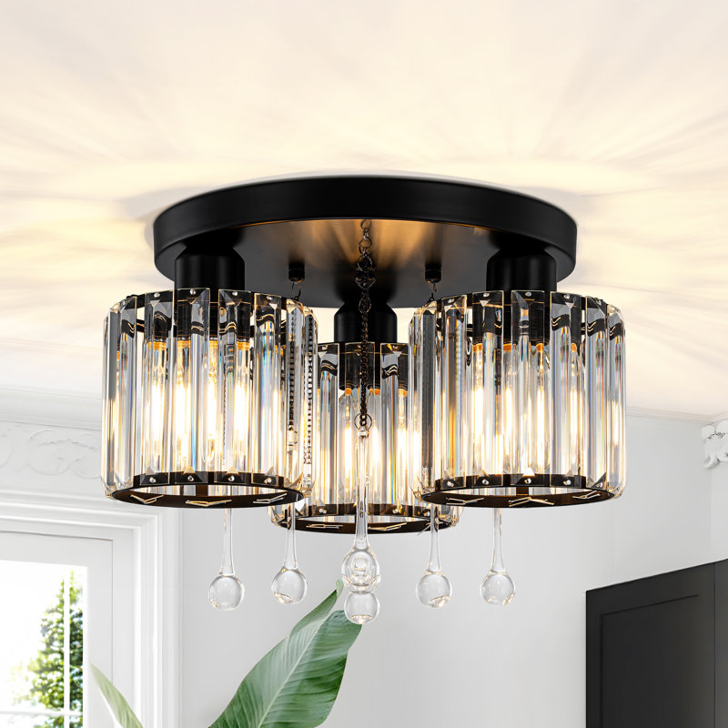 Tiarra 3-Light Crystal Flush Mount Lighting, Matte Black