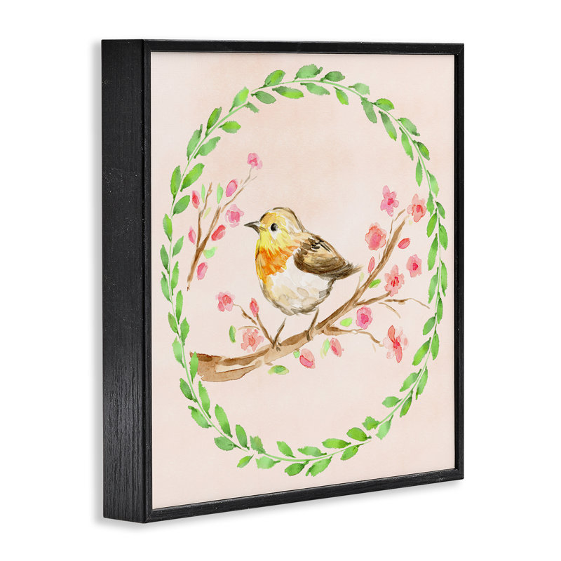 Couronne de printemps, giclée d'oiseaux encadrée, design par Elena Fay, Giclée encadrée noir minuit, H 12 po x l 12 po