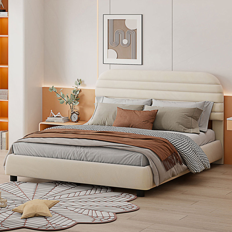 Lit plateforme tapissier grand moderne avec tête de lit courbée Modern, Beige