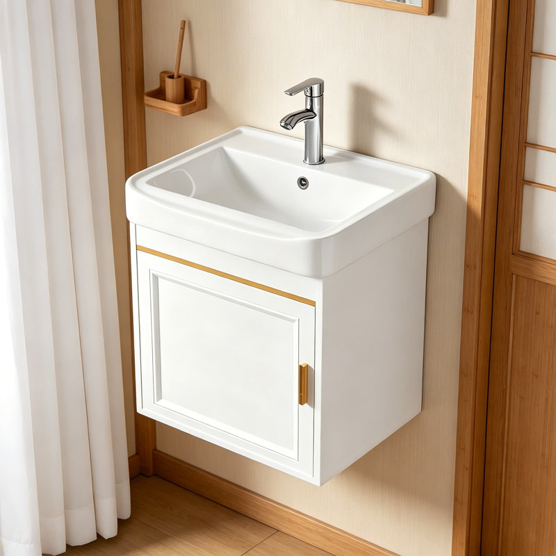 Ensemble de meuble-lavabo mural avec lavabo et robinet en céramique, système de drainage complet, conception peu encombrante pour les petites salles de bain