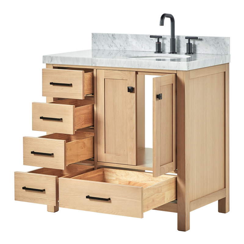 Ariel Cambridge 36 In. Right Offset Vanity With 2 In. Carrara Marble Countertop, Oak