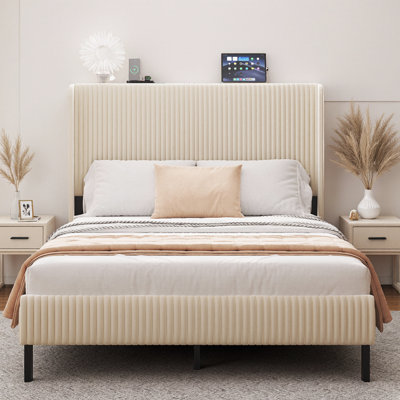 Structure de lit plateforme 75 "avec station de charge | Tête de lit en velours beige, 2 ports USB, lattes en métal sans bruit, rangement sous le lit de 12 po, sans sommier