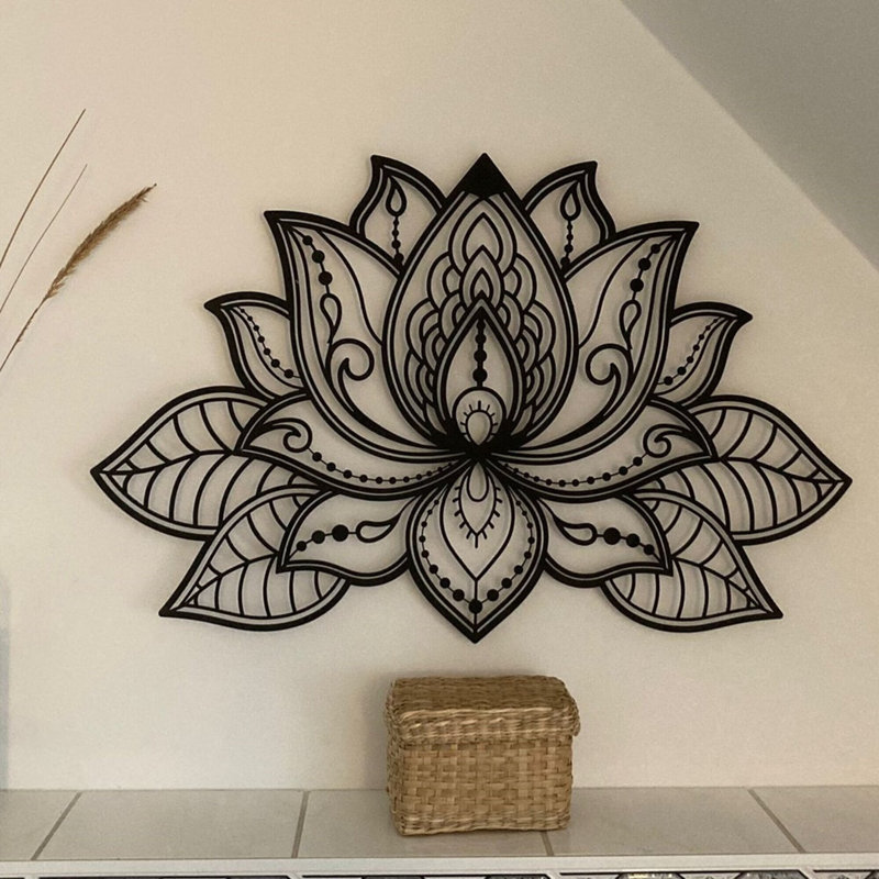 Décoration murale 3D Mandala de lotus - Art mural en métal, Noir, H 17 po x l 27 po x P 1 po