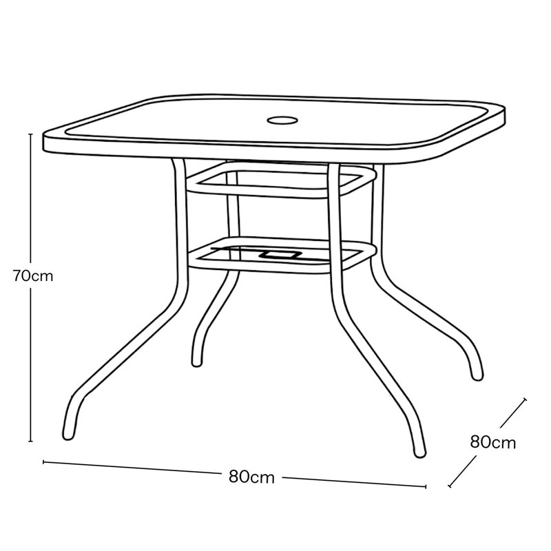 Garden Furniture Set of 4 - Metal Folding Black Chairs and Square Glass Table with Parasol Hole, Gray