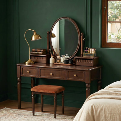 Ensemble de meuble-lavabo en bois massif l 43,3 po avec miroir, tabouret et 3 tiroirs Alden