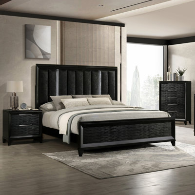 Meuble-lit tapissier à panneau grand 1pc avec lumières DEL et tête de lit à finition noire en bois massif