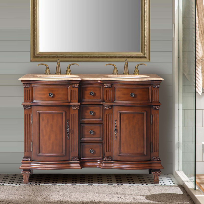 Ensemble de meuble-lavabo double 48 po Adoncia, Bois de rose brésilien, Travertin