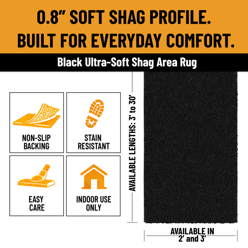 Cozy Plush Non-Slip Rubberback Extra Long Hallway Rug for Bedroom, Living Room, Bathroom, Black, Runner 2' x 10', Black