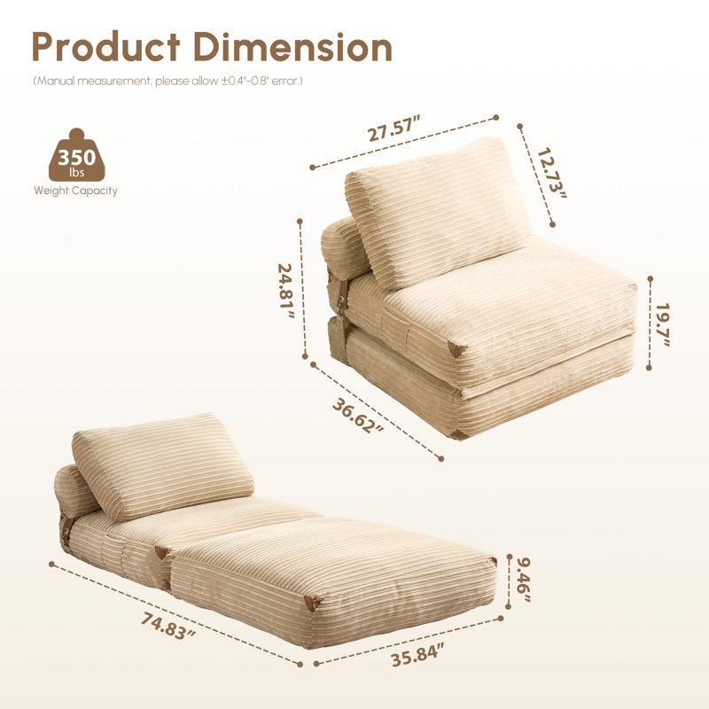 Ensemble de 2 canapés-lits convertibles en velours côtelé - Canapé paresseux pliable avec coussin pour le salon, Beige