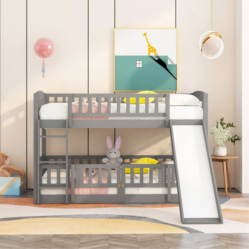 Bunk Bed With Slide,Twin Over Twin Low Bunk Bed With Fence And Ladder For  Kids Teens Grey, Gray