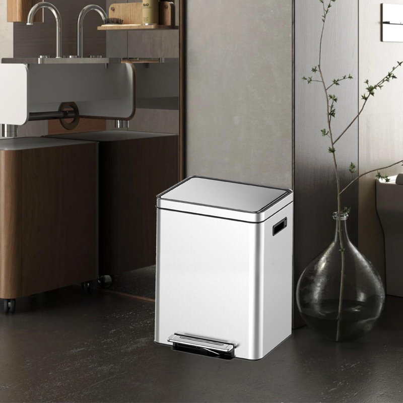 Poubelle double 30L / 8 gallons, poubelle rectangulaire avec couvercle en métal et pédale de marche, poubelle classifiée à double compartiment, poubelle en acier inoxydable avec seau intérieur amovible