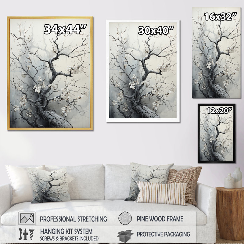 Danse de l'ombre monochrome arbre I - impressions murales florales et botaniques, H 40 po x l 30 po x P 1,5 po