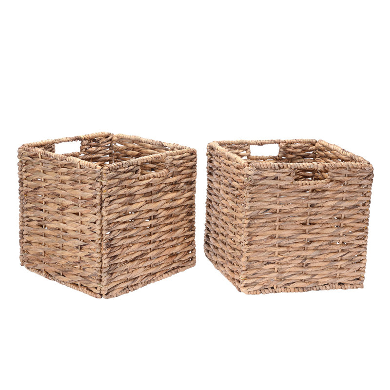 Two 12-Inch Square Handmade Wicker Baskets - Foldable Storage Bins with Handles