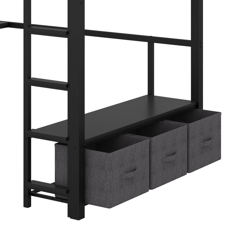 Lit mezzanine double avec bureau, garde-robe et tiroirs, Noir, noir, noir, noir