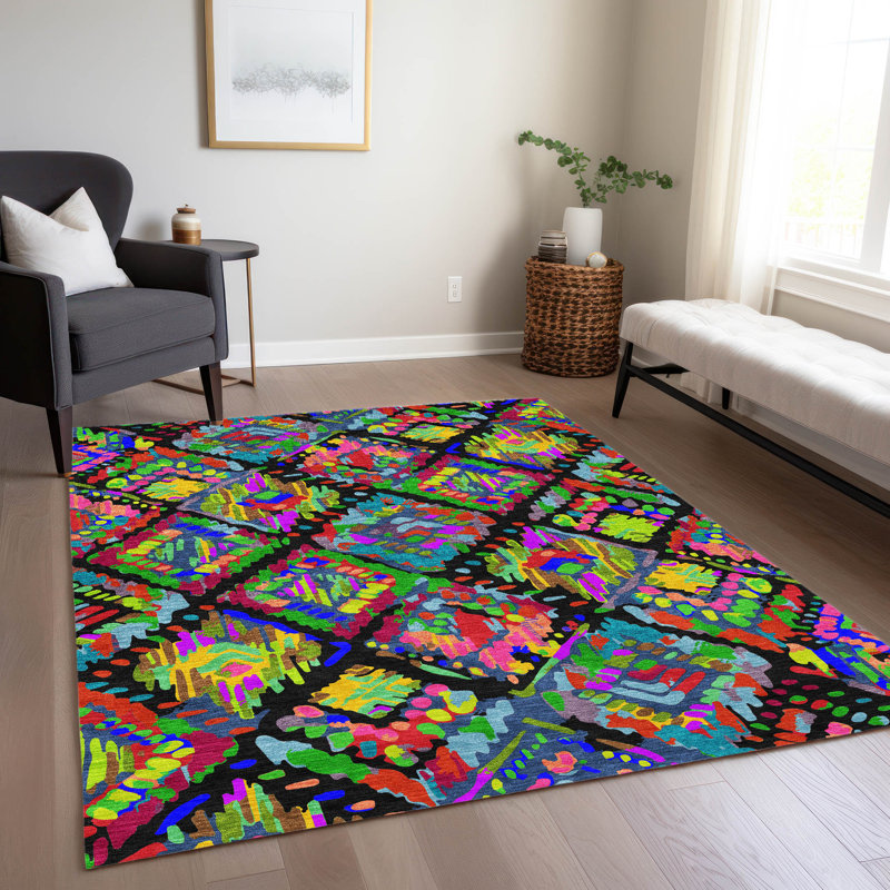 Machine Washable Indoor/Outdoor Christain ACN1327 Black Rug, Rectangle 10' x 14'