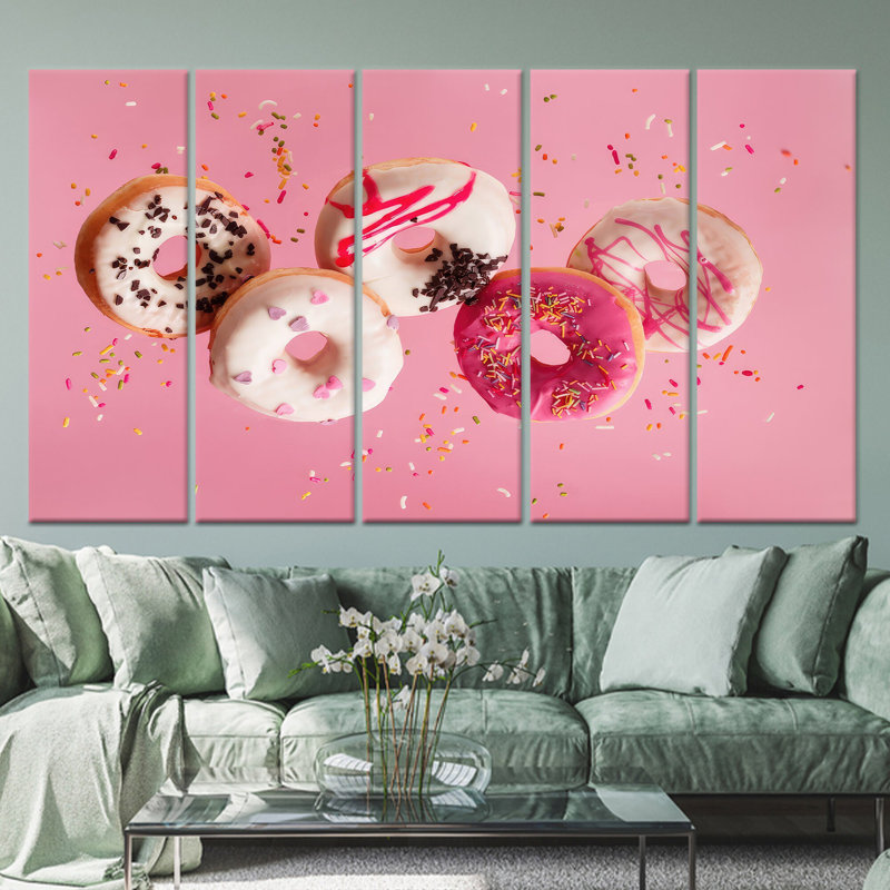 Œuvre d'art imprimée sur toile: décor de cuisine de beignes roses, toile tendue 5P, 43,3 po H x 98,4 po l