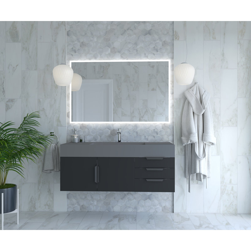 Meuble-lavabo mural simple 48 po avec comptoir à surface solide 48 po, gris, Noir, Noir